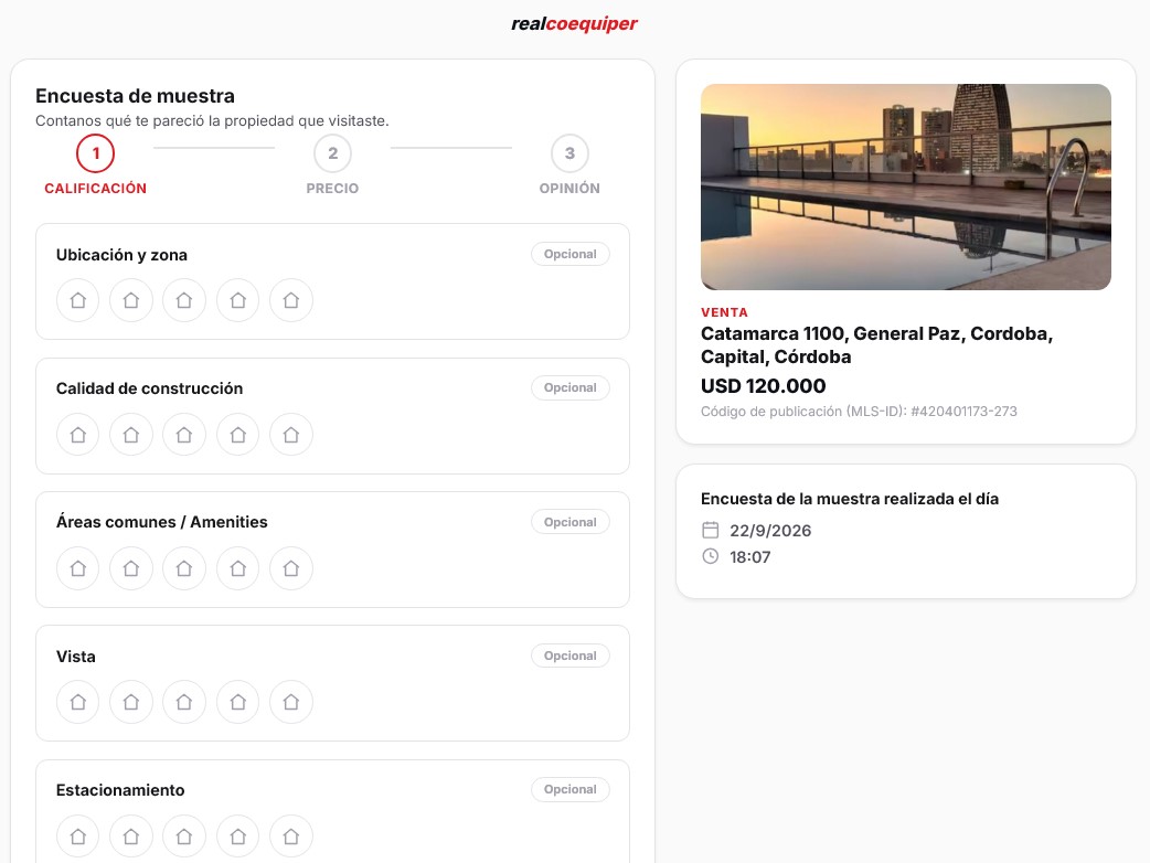 Encuesta de Ficha de Muestra que recibe el cliente por WhatsApp después de visitar una propiedad, con calificación por íconos y los datos de la propiedad visitada